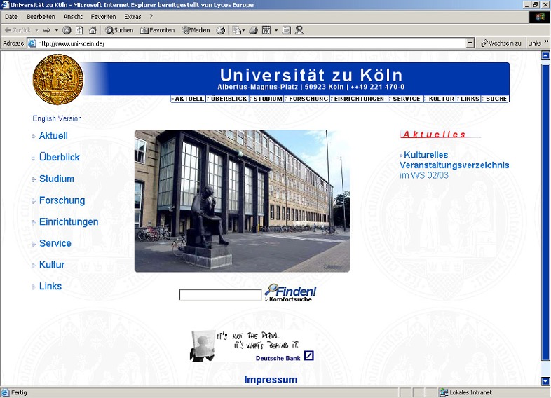 Unsere erste Kampagne: Deutsche Bank Banner auf der Website der Universität zu Köln, 2000